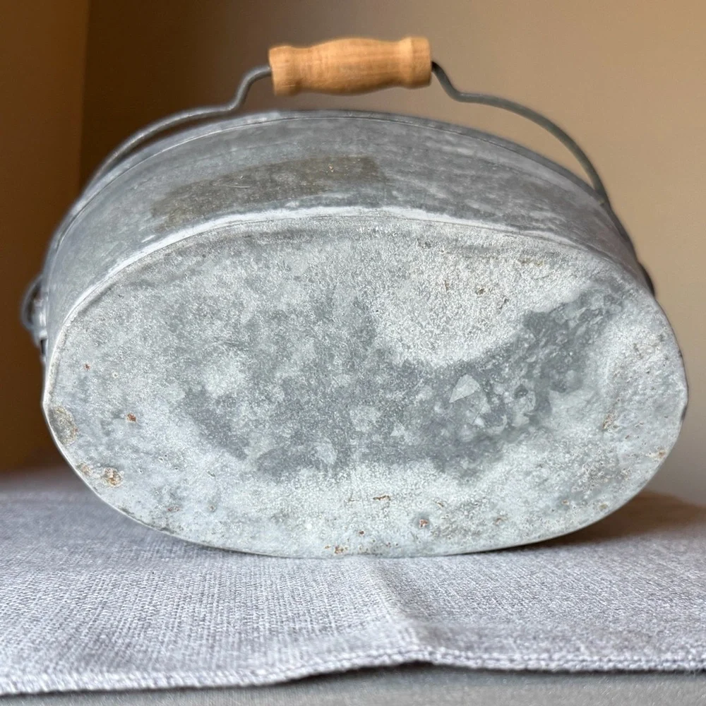 Rustic Galvanized Metal Bucket w/ Wooden Handle Farmhouse Decor